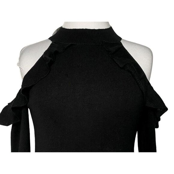 Line & Dot Black Ruffled Cold Shoulder Sweater Sz S Mock Turtleneck Long Sleeves - Picture 2 of 6